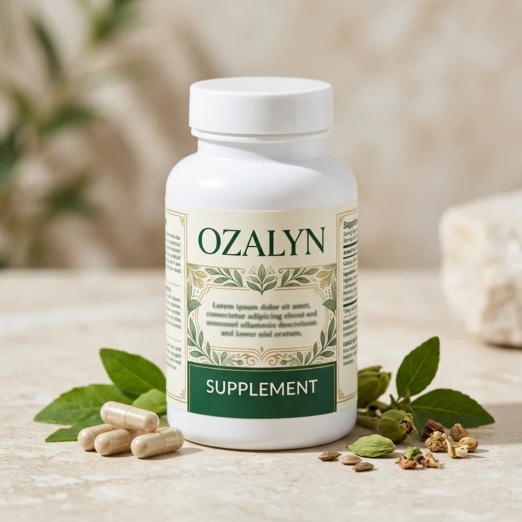 Ozalyn voedingssupplement - slanke donkerpaarse flacon met botanisch etiket